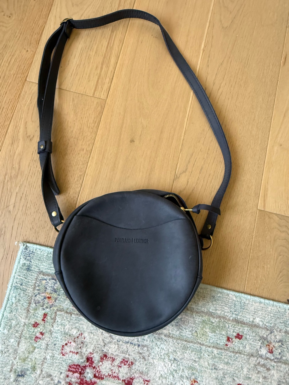 Portland Leather Navy Round Crossbody with Gold Hardware